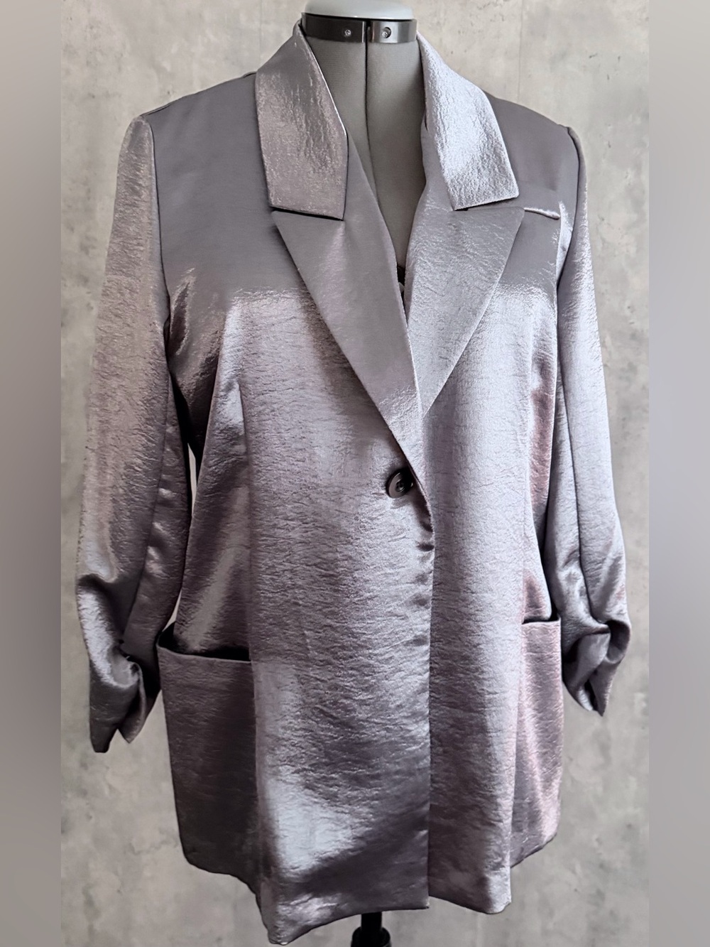 Serena Williams Silver Shimmery Ruched Sleeve Blazer Jacket XL NWT Metallic